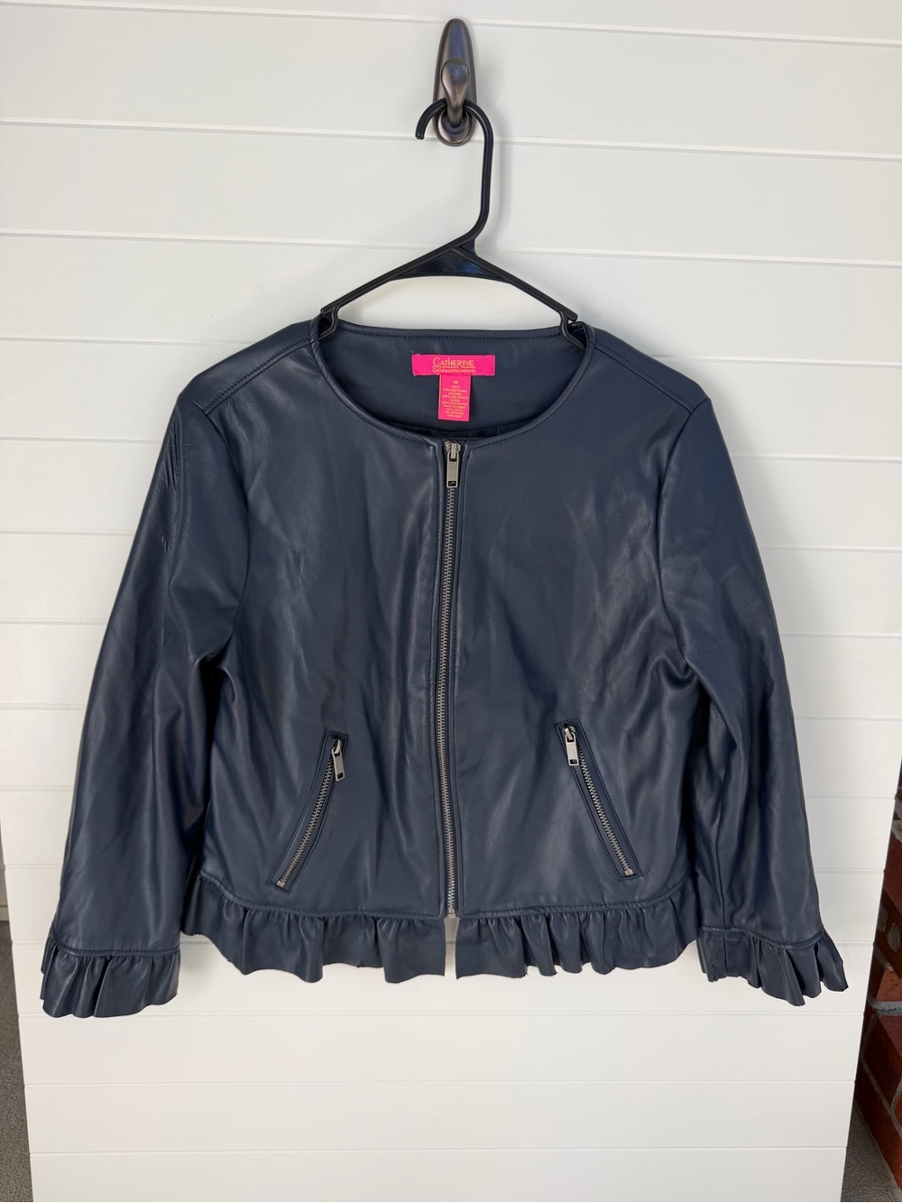 Catherine Malandrino Navy Ruffle-Hem Leather Jacket Medium